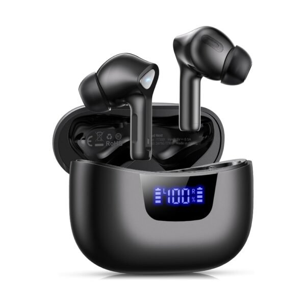 Auriculares inalámbricos Bluetooth V5.3, reproducción de 50 horas, graves profundos, estéreo con pantalla de alimentación LED, estuche de carga IPX7, auriculares impermeables con micrófono