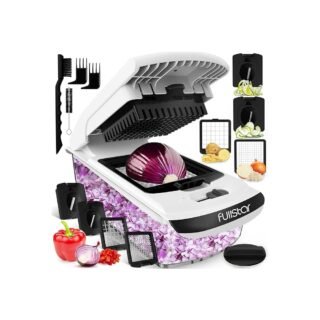 fullstar Picador de verduras, cortador de verduras espiralizador, picador de cebolla con recipiente, picador de alimentos profesional, cortador de cubos rebanador, negro, con 4 cuchillas