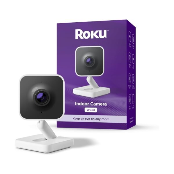 Roku Cámara interior 2024 – Seguridad para el hogar – Paquete de 1 – Cámara de seguridad con cable y monitor para mascotas con visión nocturna a color HD de 1080p, funciona con Alexa y Google
