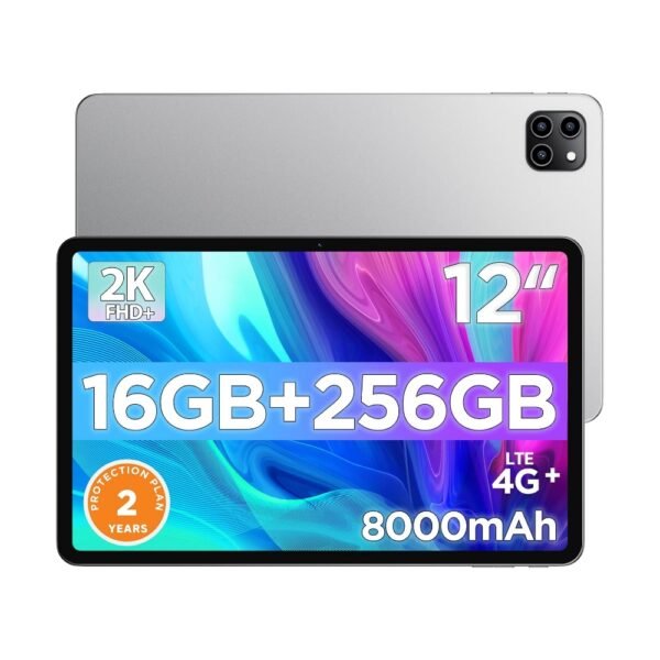 Tablet Android, tableta de pantalla grande de 12 pulgadas, protección de 2 años, pantalla de resolución IPS 2K de 1200 x 2000, puerto tipo C reforzado, cargador PD de 18 W, batería de 8000 mAh, cámara