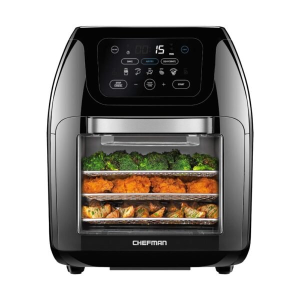 Chefman - Freidora de aire digital multifuncional - Rosticero, deshidratador, horno de convección, 17 preajustes, tamaño familiar XL 2.6 galones, apagado automático, ventana de visualización - Negro