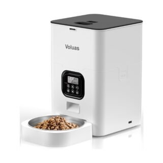 VOLUAS Comederos automáticos para gatos, comedero cronometrado para mascotas para gatos y perros con dispensador de alimentos secos, bolsa desecante, control de porciones programable, 4 comidas