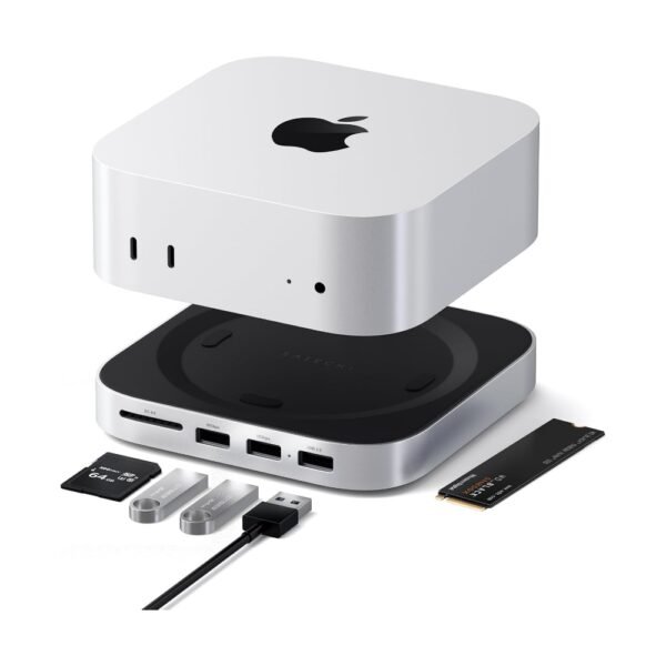 Satechi Mac mini M4 Hub y soporte con carcasa SSD NVMe, Mac mini M4 Dock con 2 puertos USB A de 10 Gbps, puerto de datos USB A, lector de tarjetas SD para Mac mini M4, Mac mini M4 Pro - Plata
