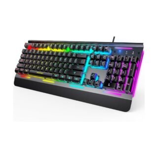 TECKNET Teclado para juegos, teclado de computadora con cable USB, iluminación RGB de 15 zonas, resistencia al agua IP32, 25 teclas anti-fantasma, panel de metal (interruptor silencioso para juegos)